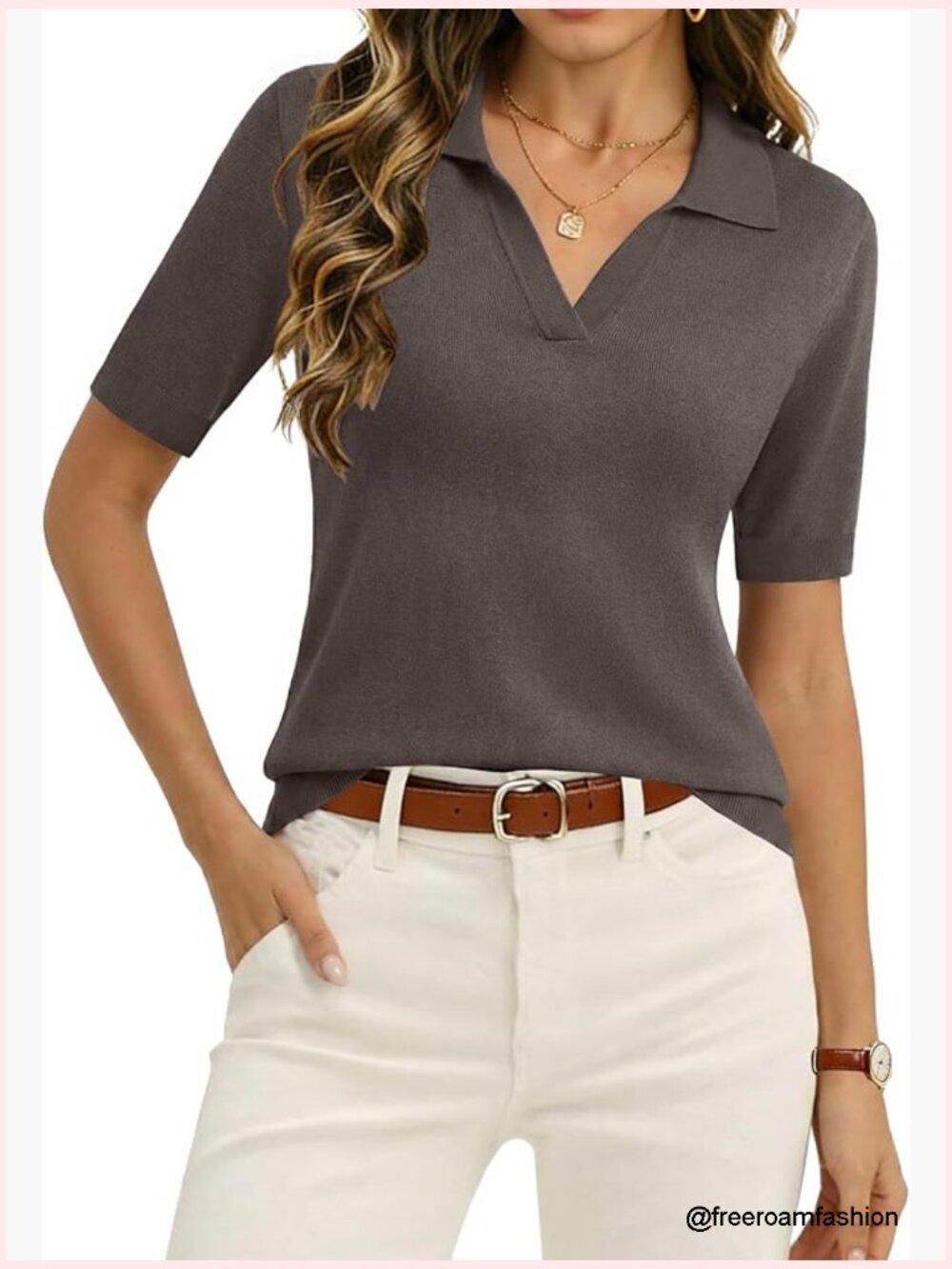 Women's Short Sleeve Knit V-Neck Polo Sweater Pullover Business Casual Office
